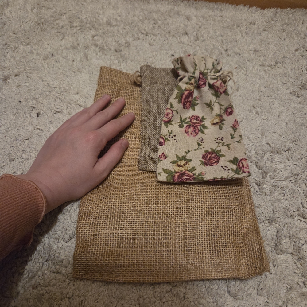 Set Of 3 Floral and Burlap Drawstring Bags Tea Party Wedding Vintage Victorian